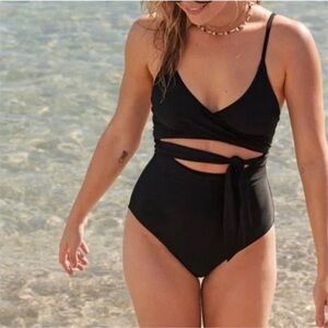 aerie Black One-Piece Wrap Swimsuit